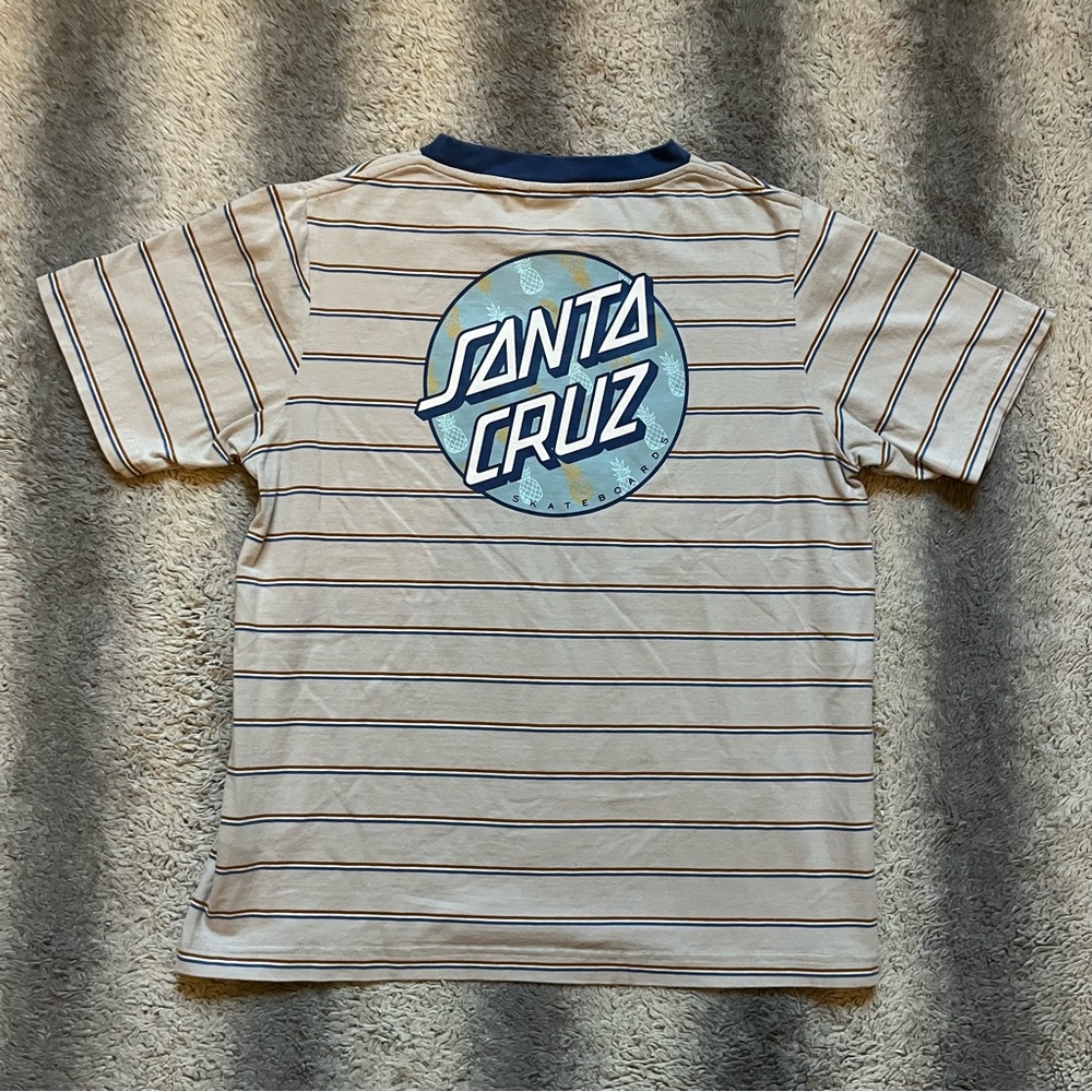 Santa Cruz Striped Tee Shirt Men’s Small Tan Blue Pineapple Logo Skateboard Tees